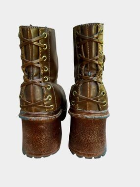 Vtg Y2K Chunky Platform Boots Soda Sz 6Dannie Brown Corset Heel LEI Lace Up Rare